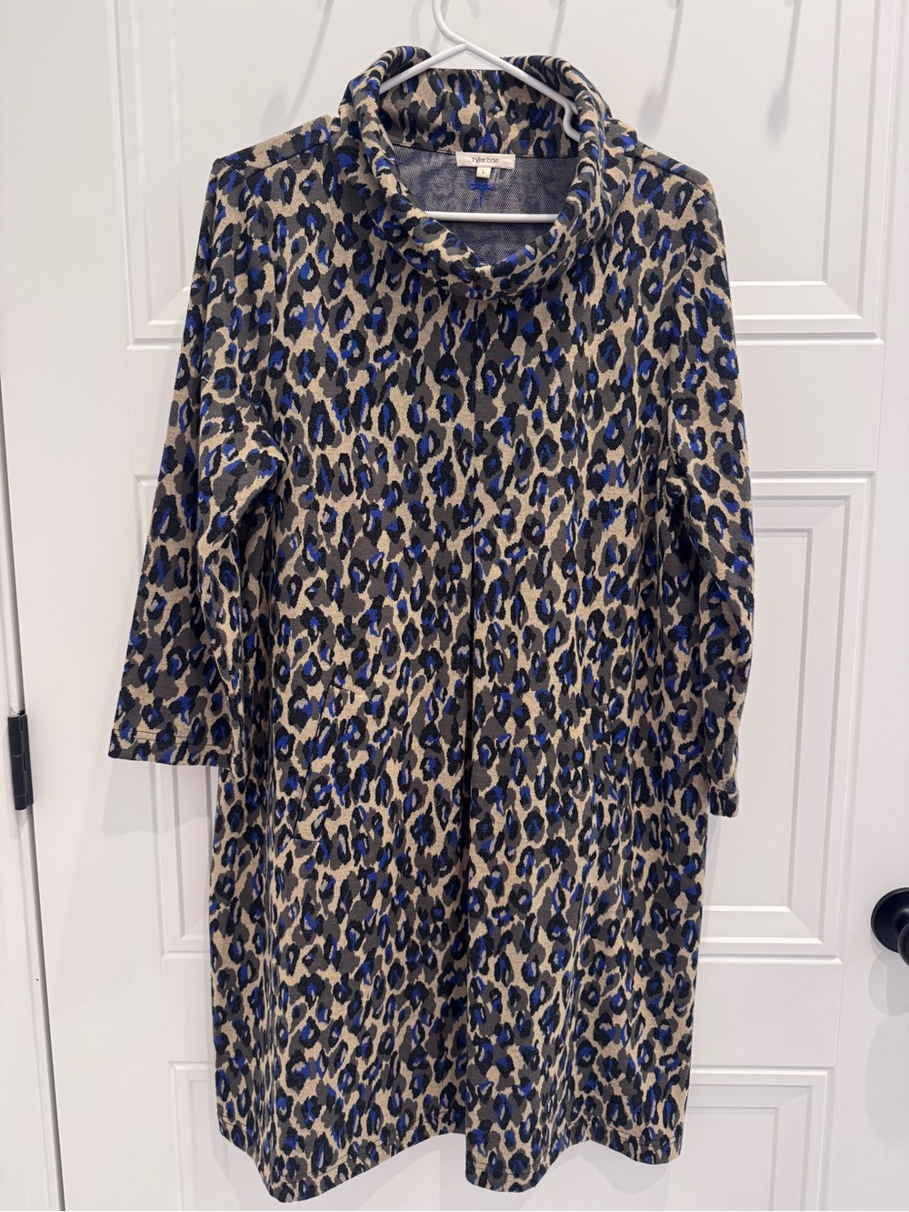 Tyler Boe Short Dress Animal Print Leopard Pockets Cowl Neck Black Tan